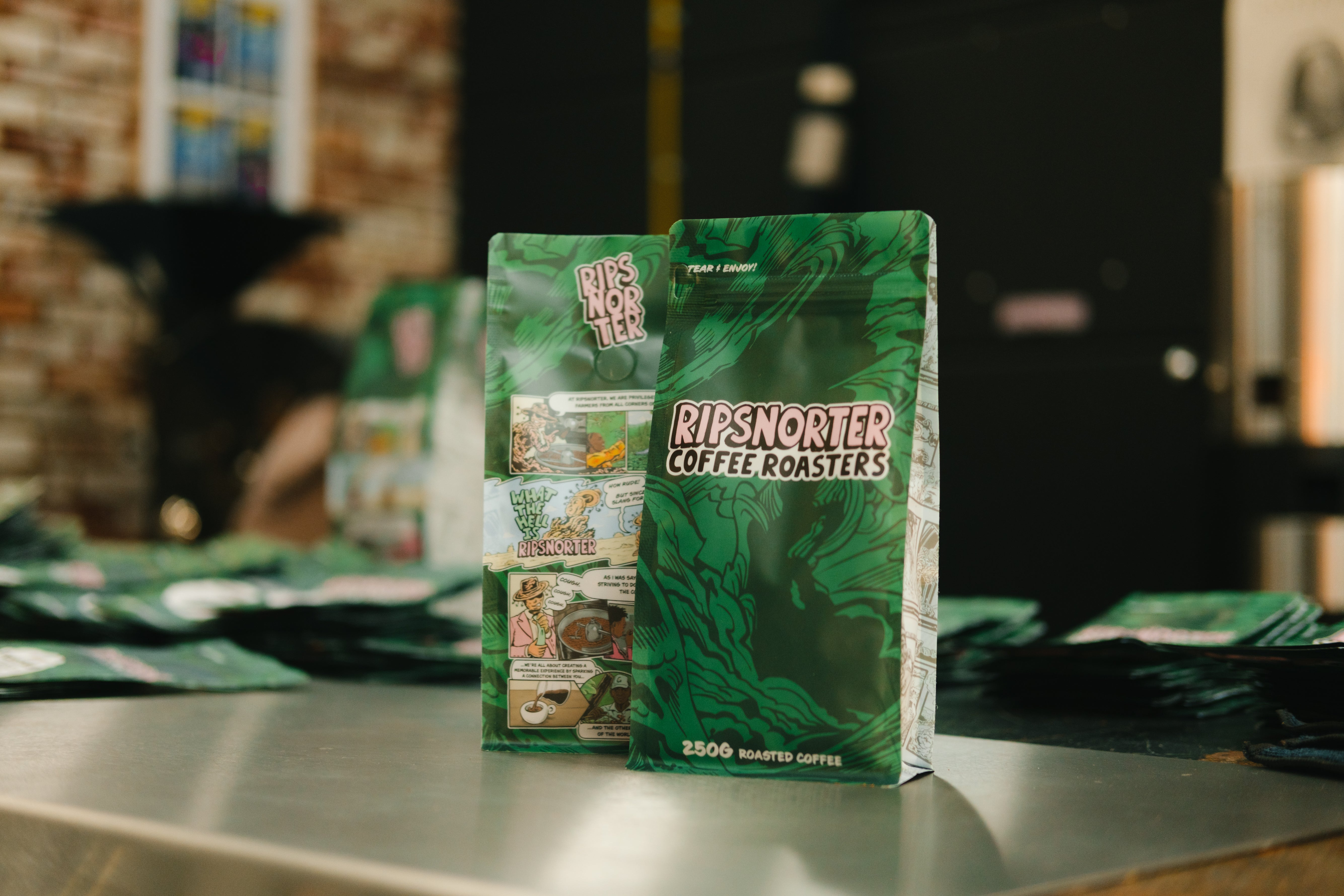 Pictured: Ripsnorter Coffee bags in the production room of the roastery