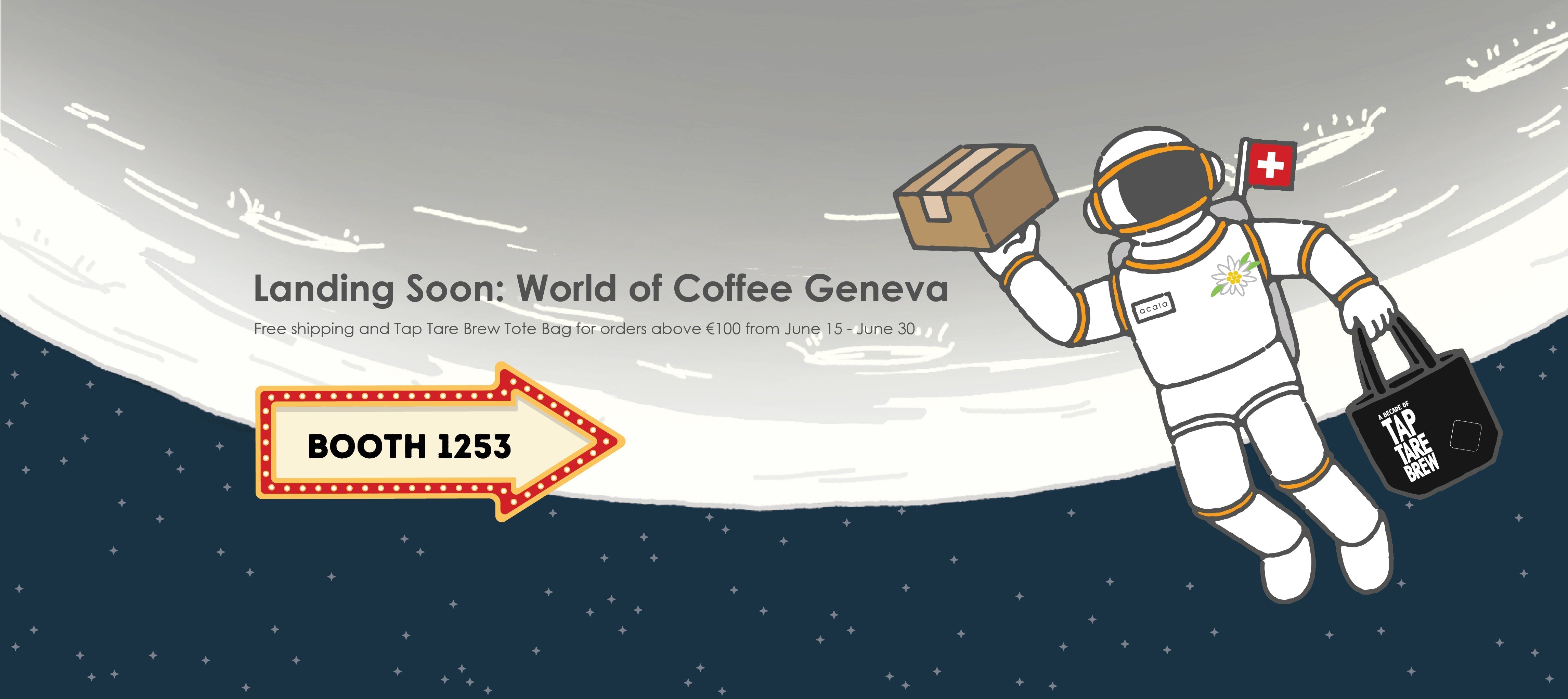 Pictured: Astronaut with a box and the flag of Switzerland. Check out Acaia's booth at WOC- Geneva Booth 1253